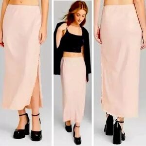 NWT Wild Fable Women's Satin Lace Trim Side Slit Midi Skirt Size Medium